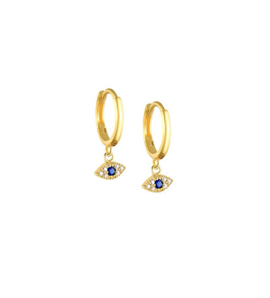 	Candongas Eye See You Huggies con baño de oro y diseño de ojo protector